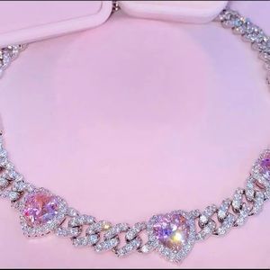Diamond pink heart shaped Cuban link choker necklace chain